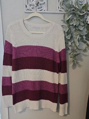Pink Clover Striped Crewneck Sweater in Cream and Berry Tones